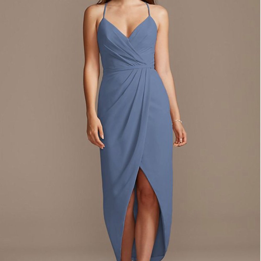 David's Bridal | Tulip Hem Chiffon Midi Bridesmaid Dress in Steel Blue